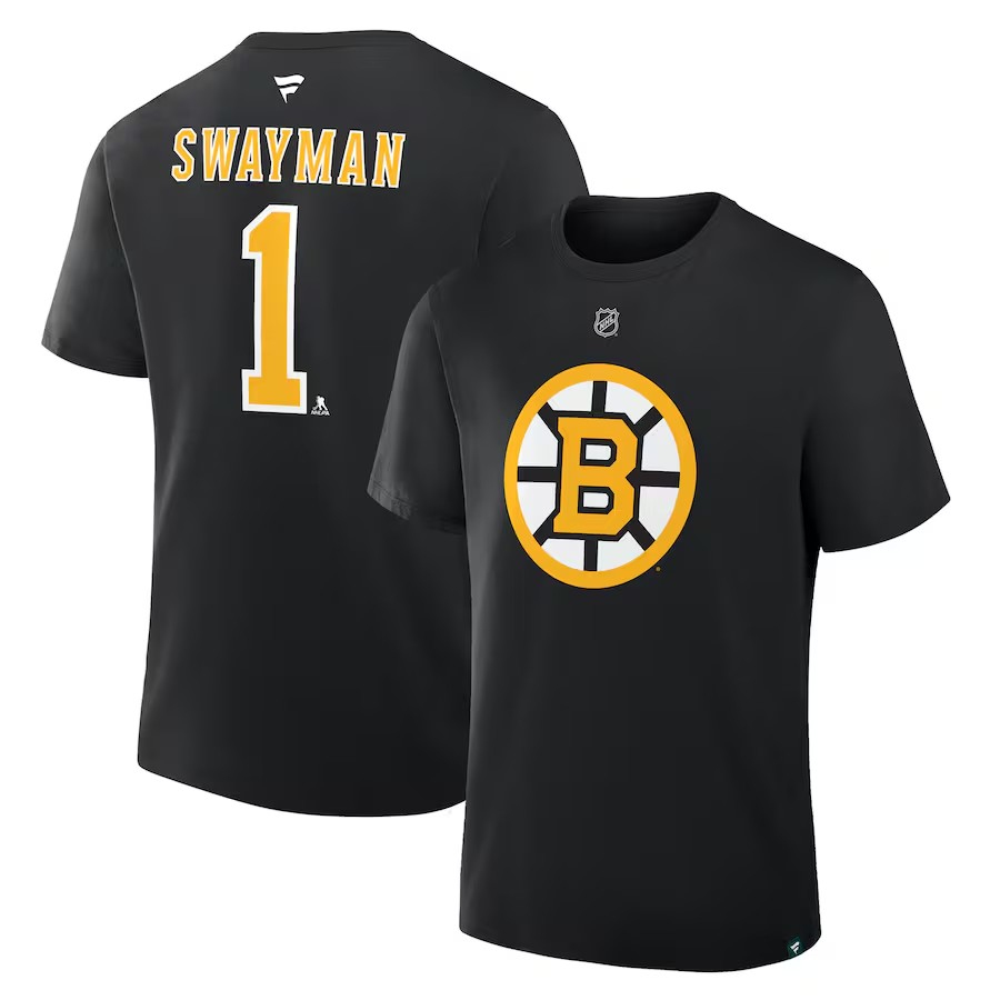 Boston Bruins pánské tričko Jeremy Swayman #1 Stack Logo Name & Number 2025/2026 Season
